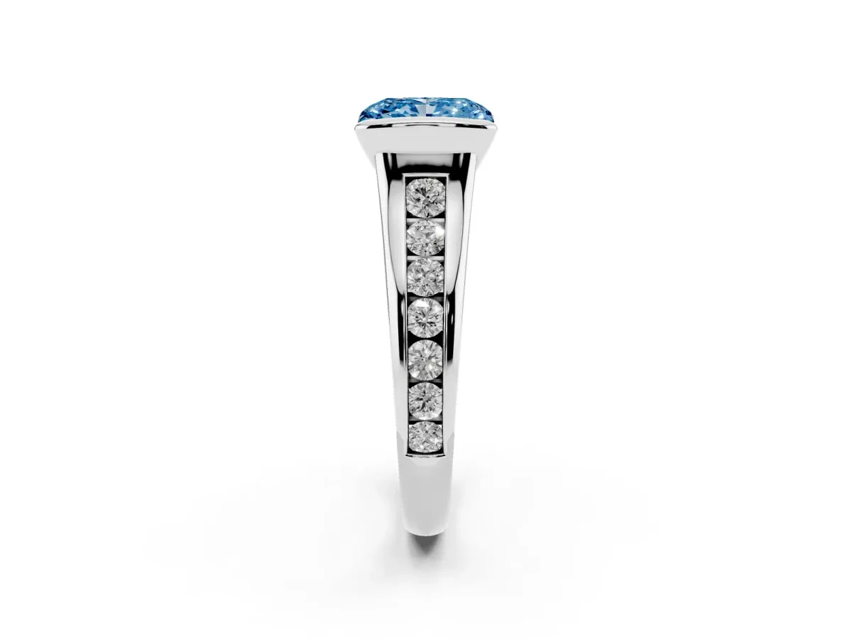 Fancy Blue Radiant Cut Solitaire Bezel-Set Diamond Ring with Channel-Set Band Silver