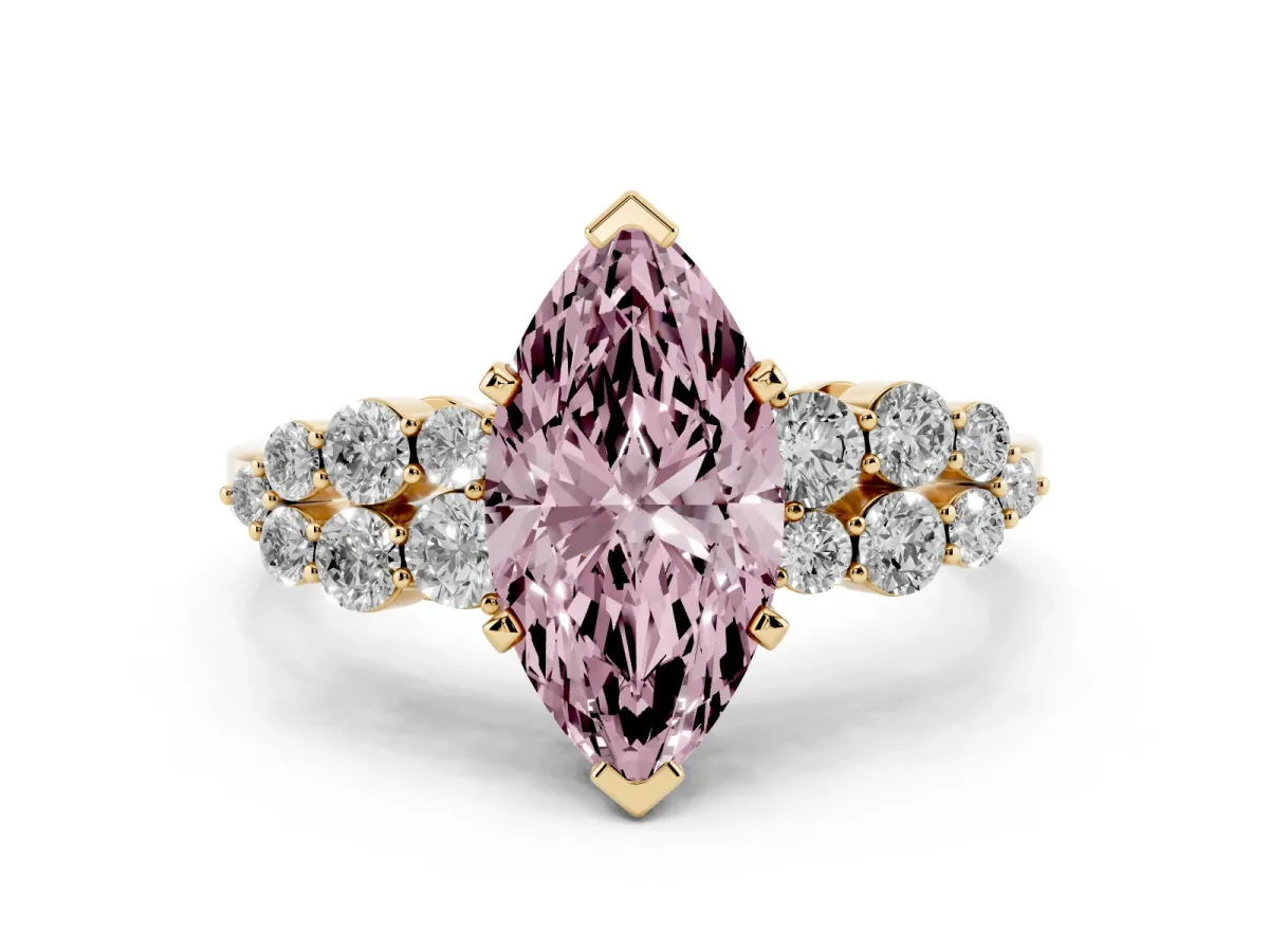 Fancy Pink Marquise Cut Cluster Diamond Engagement Ring with Pavé Band and Four-Prong Setting Yellow gold