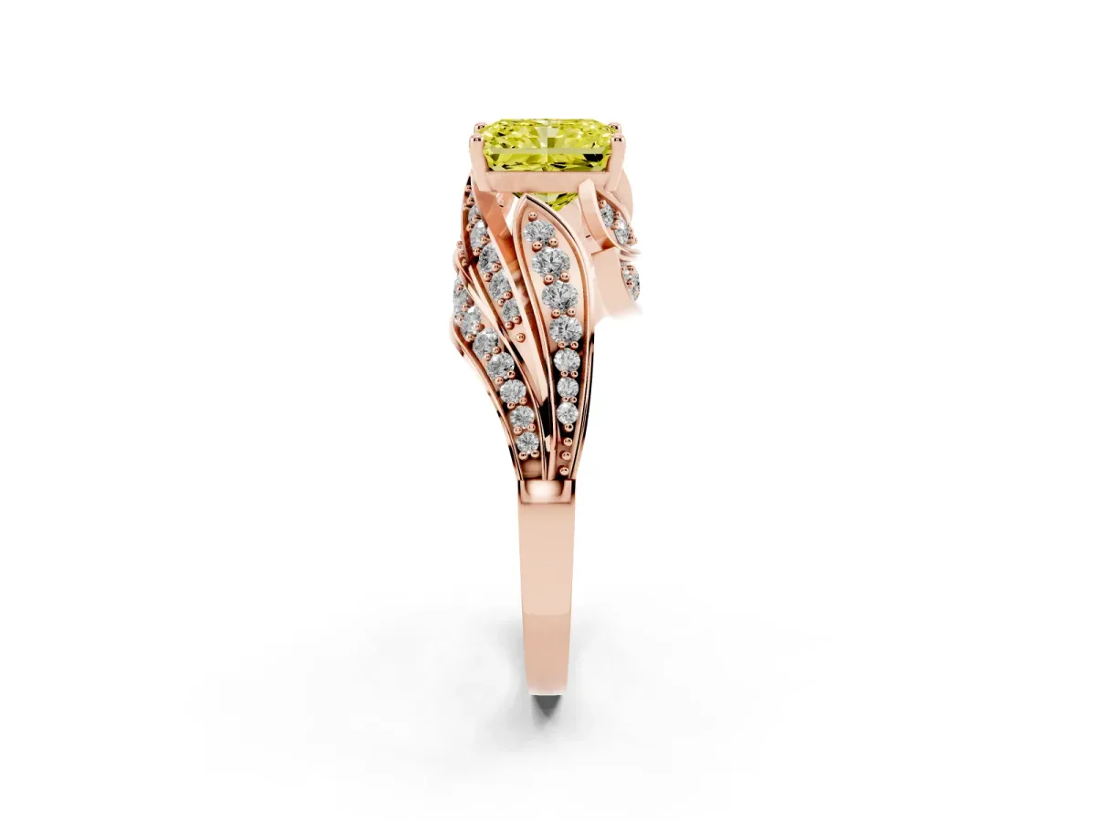 Fancy Yellow Radiant Cut Diamond Solitaire Ring with Prong Setting and Twisted Pavé Band Rose gold