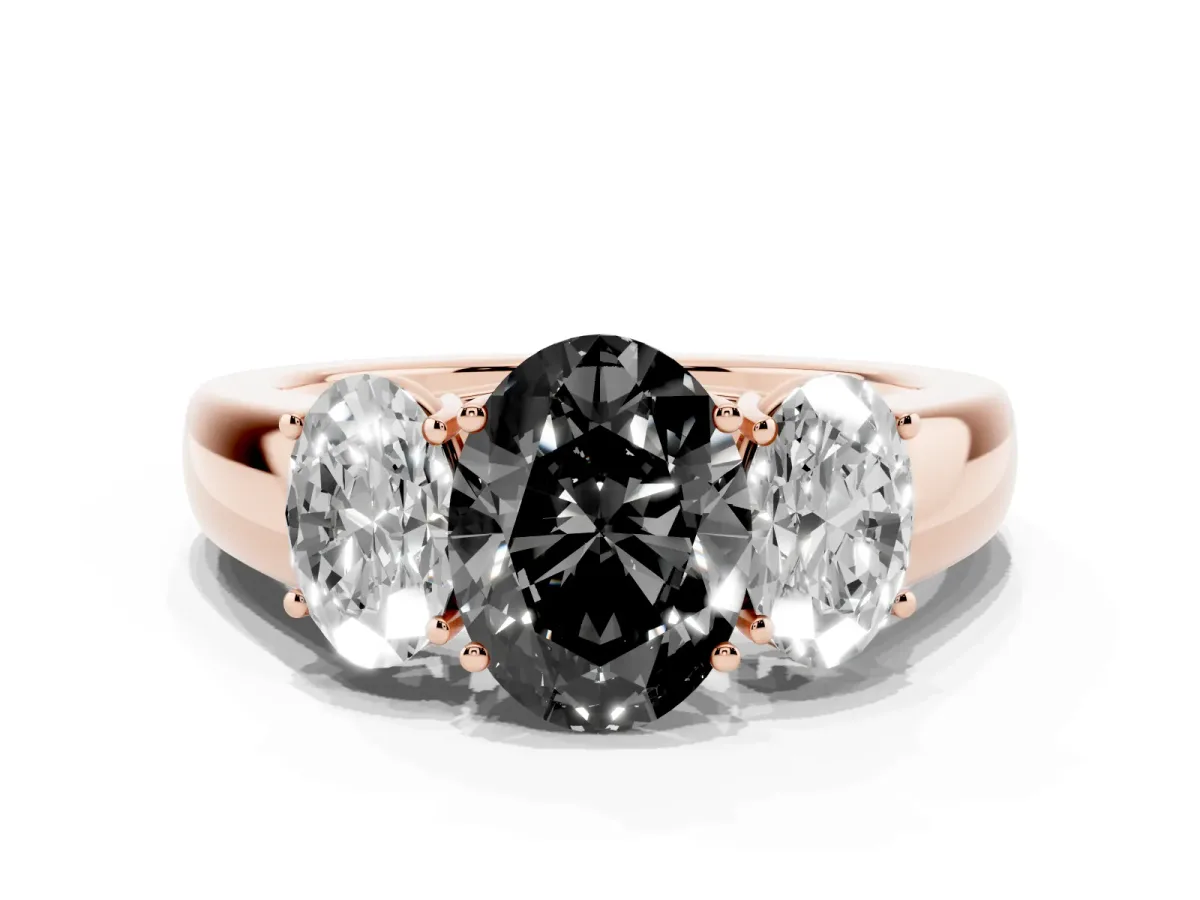 Fancy Black Three-Stone Oval Cut Cut Diamond Ring with Prong Setting and Classic Band Rose gold