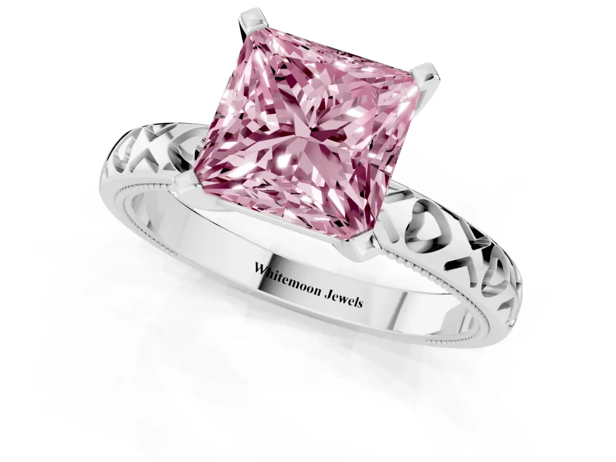 Fancy Pink Princess Cut Solitaire Diamond Engagement Ring with XO Engraved Band and Four-Prong Setting Silver