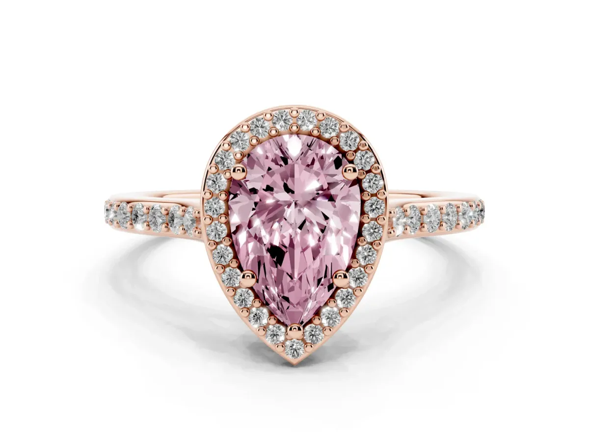 Fancy Pink Pear Cut Diamond Halo Engagement Ring with Round Pavé Shoulders and Prong Setting Rose gold