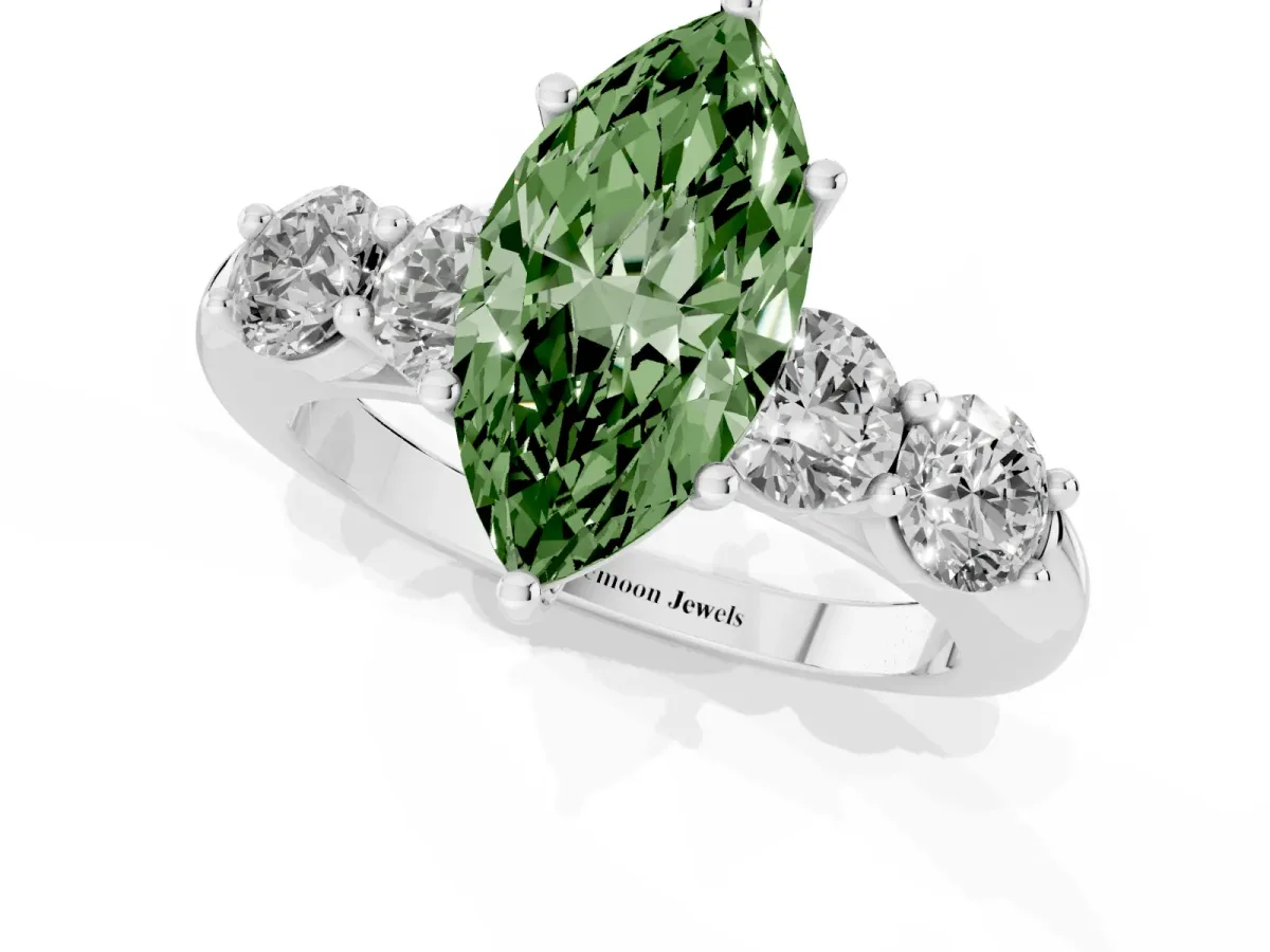Fancy Green Marquise Cut Cut Five-Stone Prong Set Diamond Ring with Classic Band Silver