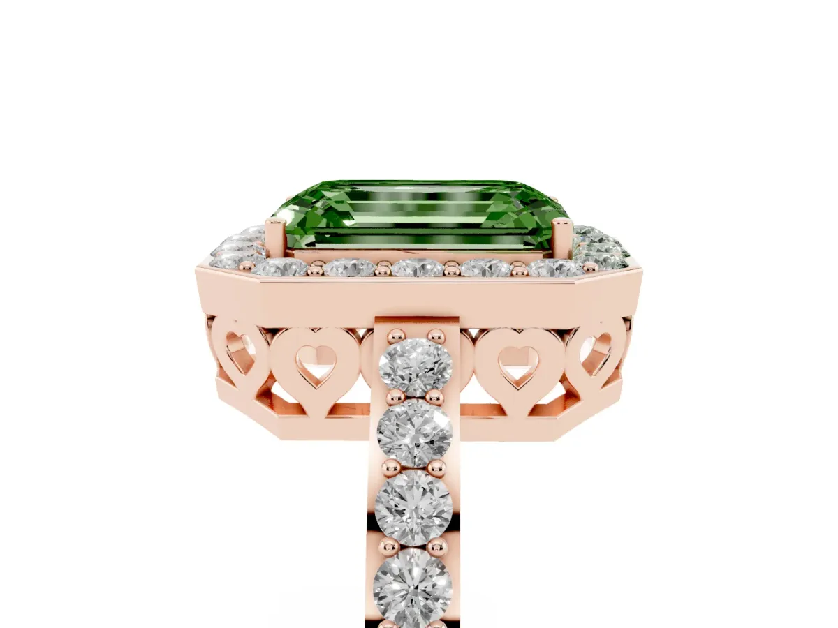 Fancy Green Emerald Cut Halo Diamond Pavé Band Ring with Prong Setting Rose gold