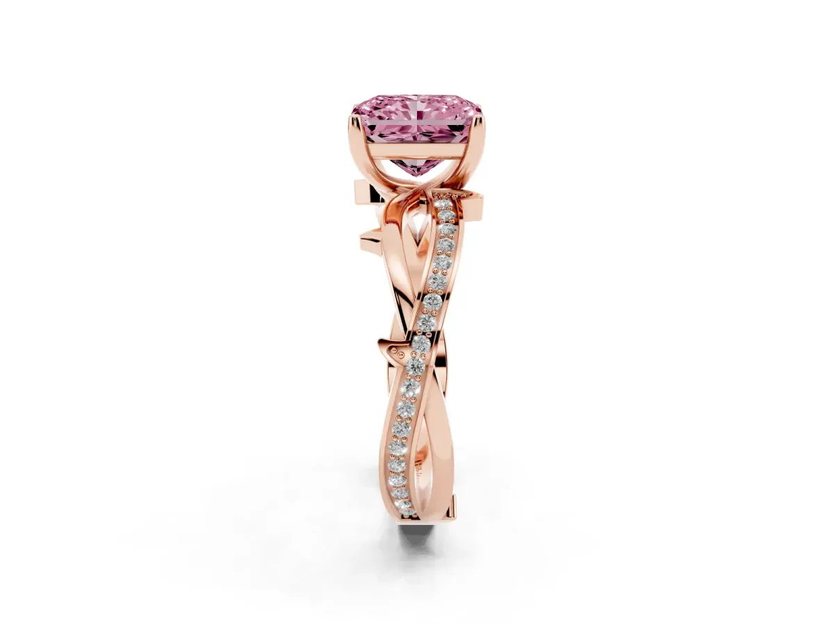 Fancy Pink Radiant Cut Solitaire Twist Band with Pavé Accents and Four-Prong Setting Rose gold