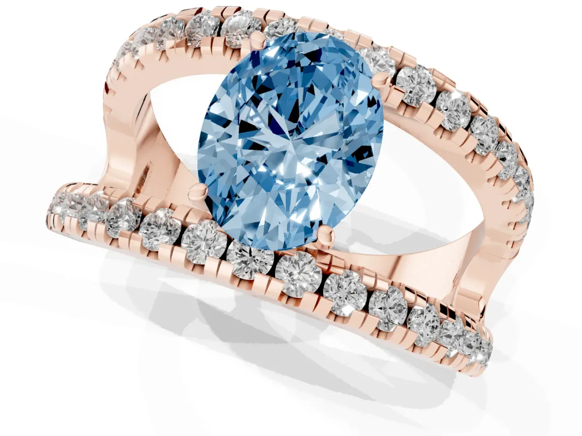 Fancy Blue Oval Cut Solitaire Split Shank Pave Diamond Ring Rose gold