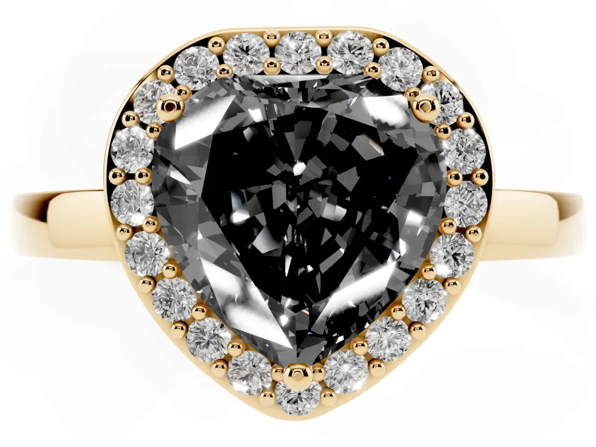 Fancy Black Heart Cut Halo Diamond Ring with Solitaire Band and Prong Setting Yellow gold