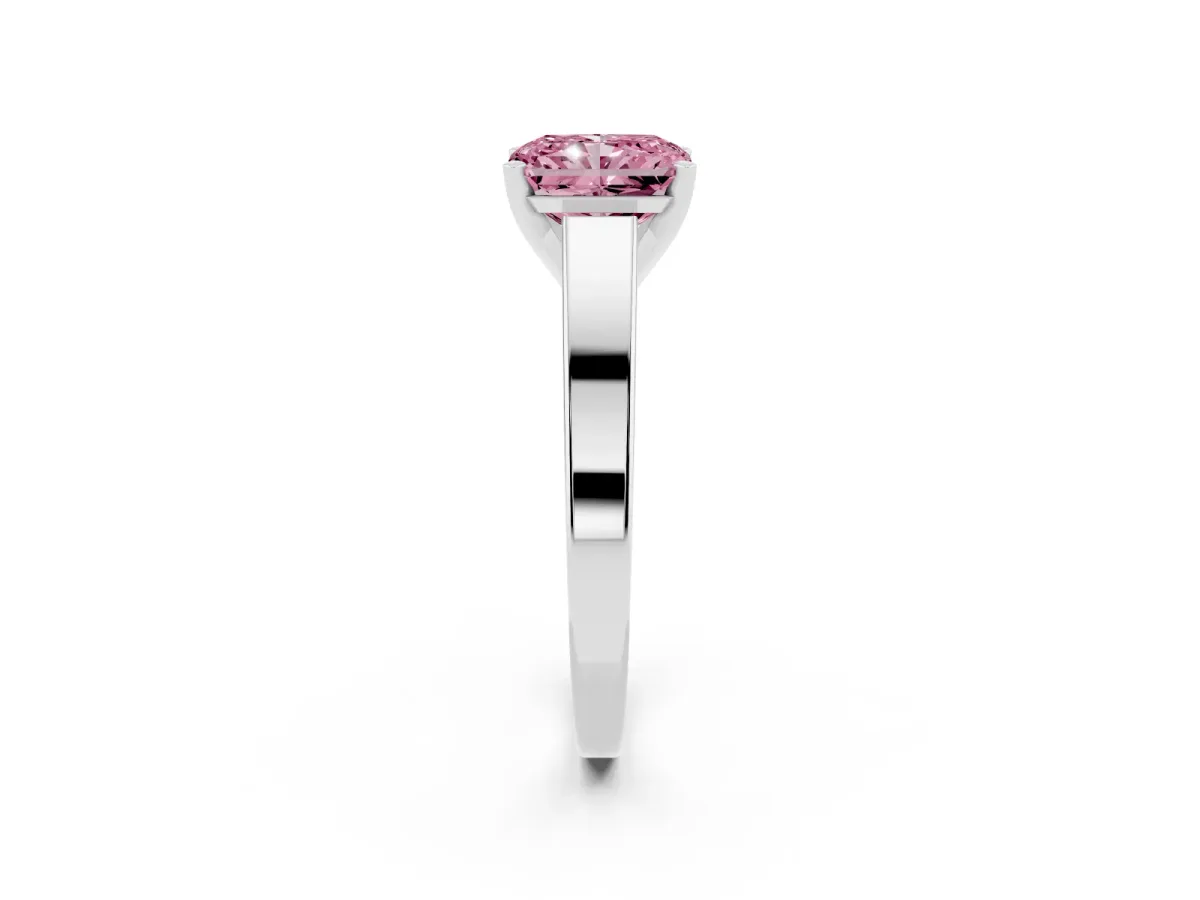 Fancy Pink Radiant Cut Solitaire Engagement Ring with Four-Prong Setting and Tapered Band Silver