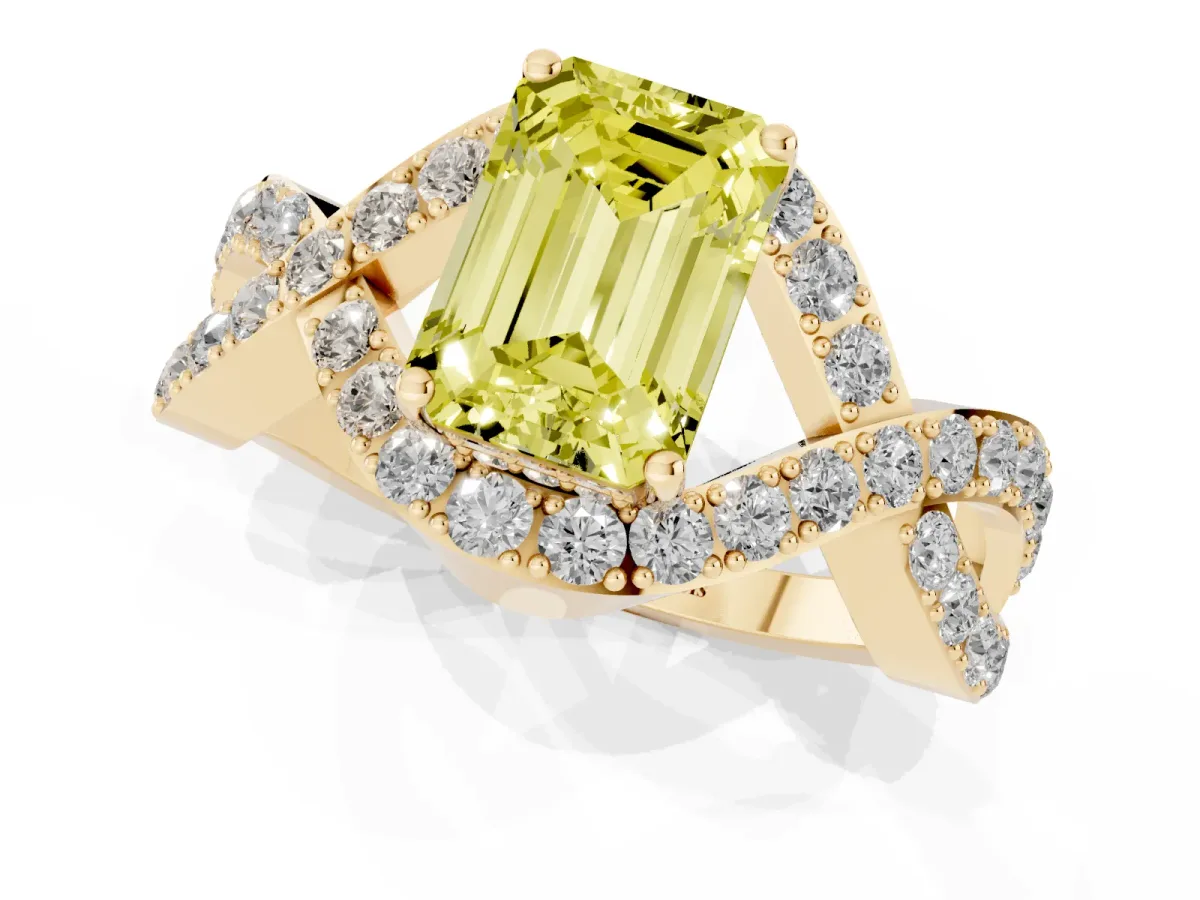Fancy Yellow Emerald Cut Solitaire Twist Band Pavé Diamond Engagement Ring Yellow gold