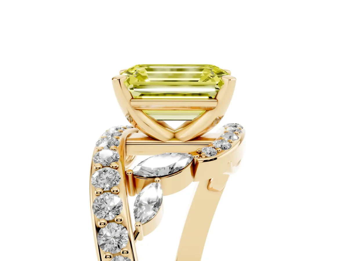 Fancy Yellow Emerald Cut Solitaire with Pavé Twist Band and Four-Prong Setting Yellow gold