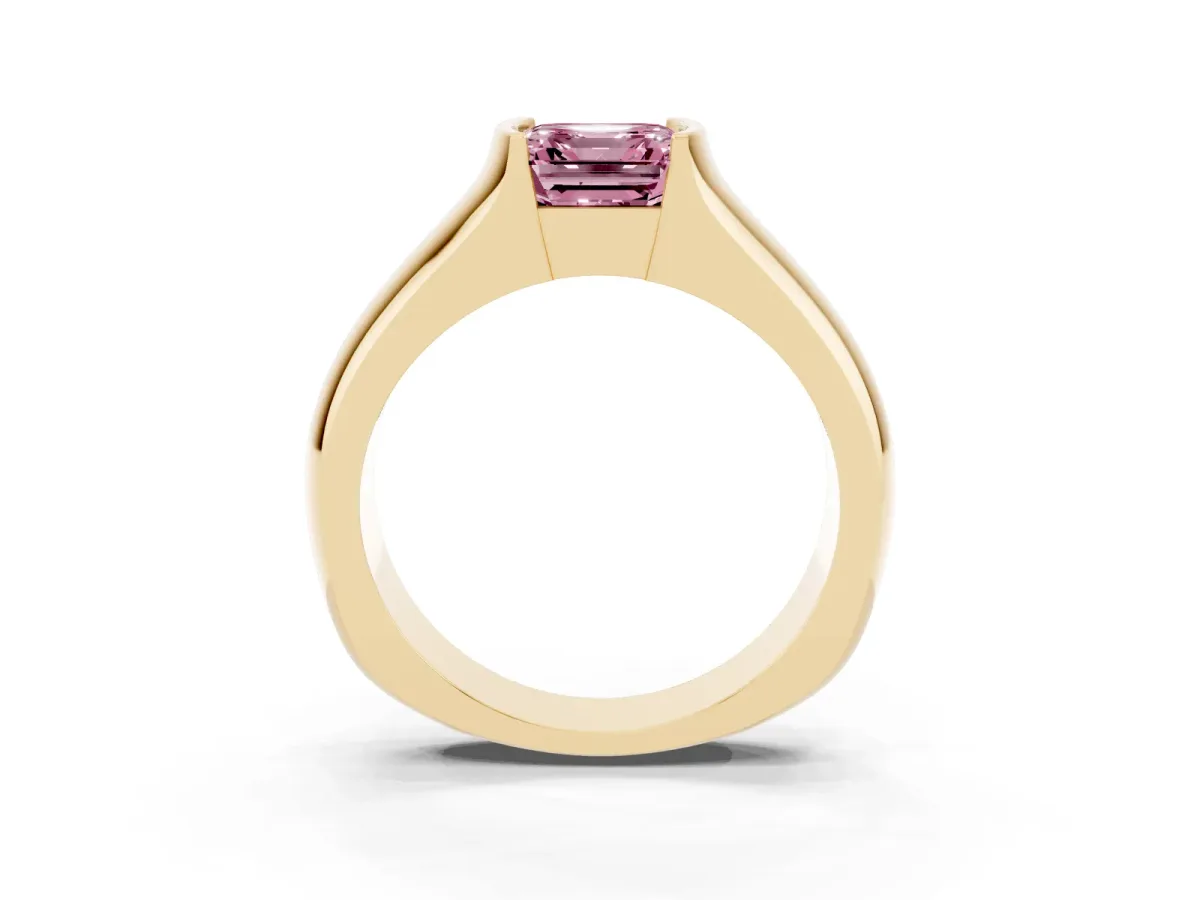 Fancy Pink Asscher Cut Solitaire Bezel Set Diamond Ring with Wide Band Yellow gold