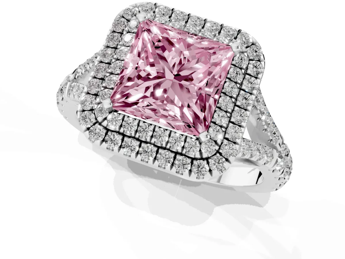 Fancy Pink Double Halo Princess Cut Diamond Split Shank Engagement Ring with Four-Prong Setting Silver