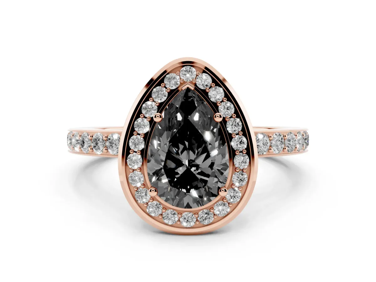 Fancy Black Pear Cut Diamond Halo Ring with Bezel Frame and Pavé Band Rose gold