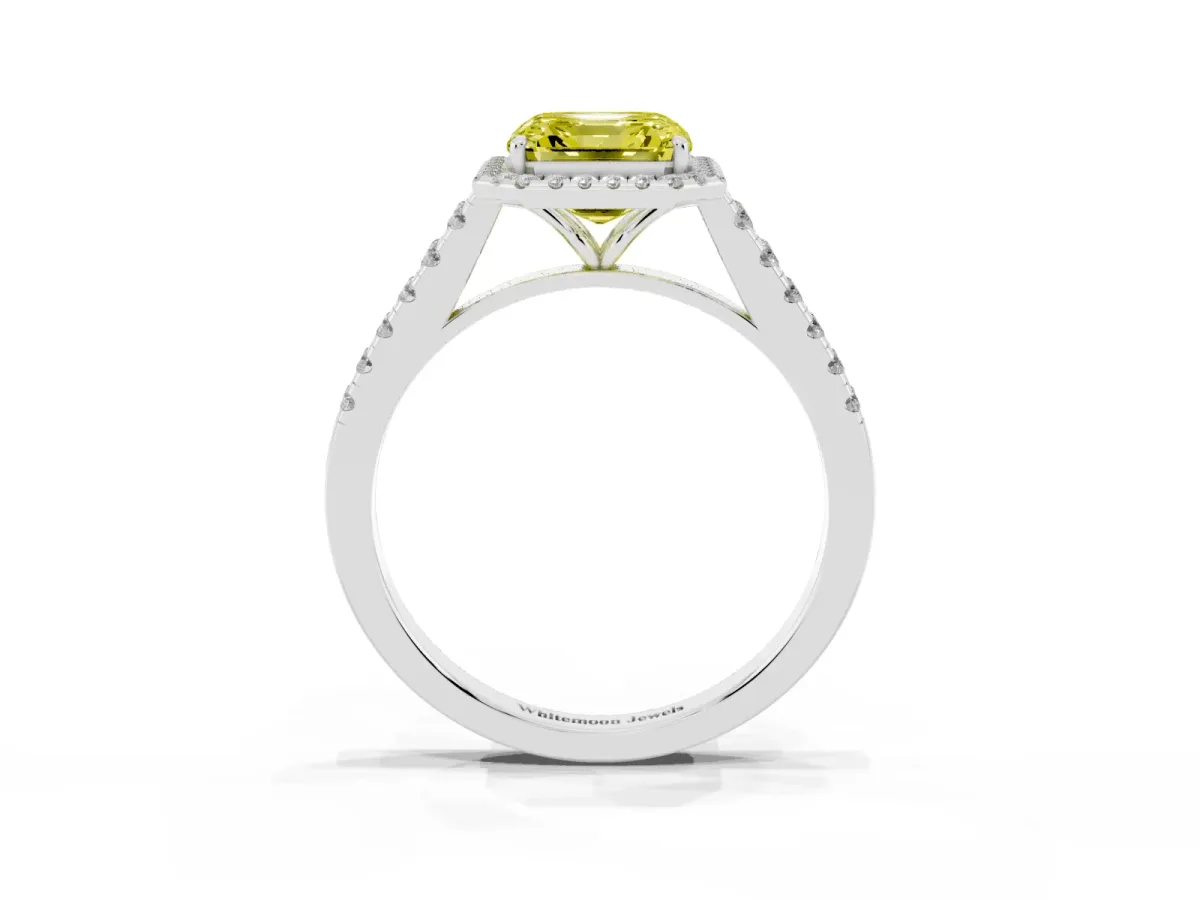 Fancy Yellow Asscher Cut Halo Pave Diamond Engagement Ring with Four-Prong Setting Silver