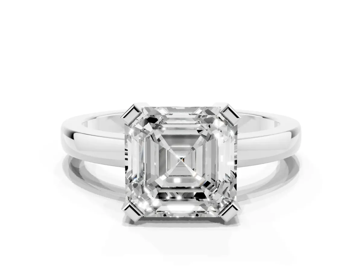 Asscher Cut Cut Solitaire Ring with Four-Prong Setting and Classic Band Silver