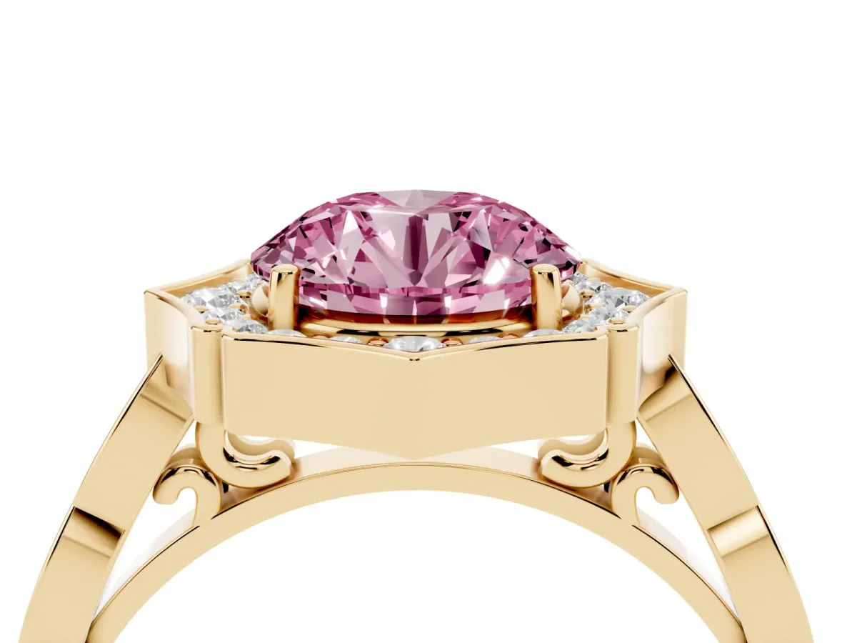 Fancy Pink Round Cut Halo Diamond Engagement Ring with Milgrain Band and Four-Prong Setting Yellow gold