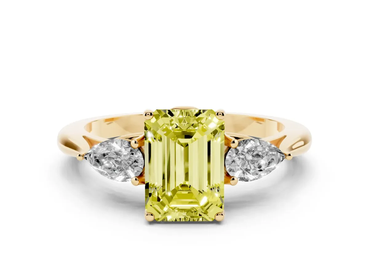 Fancy Yellow Three-Stone Emerald Cut Diamond Ring with Pear Side Stones in Four-Prong Setting Yellow gold