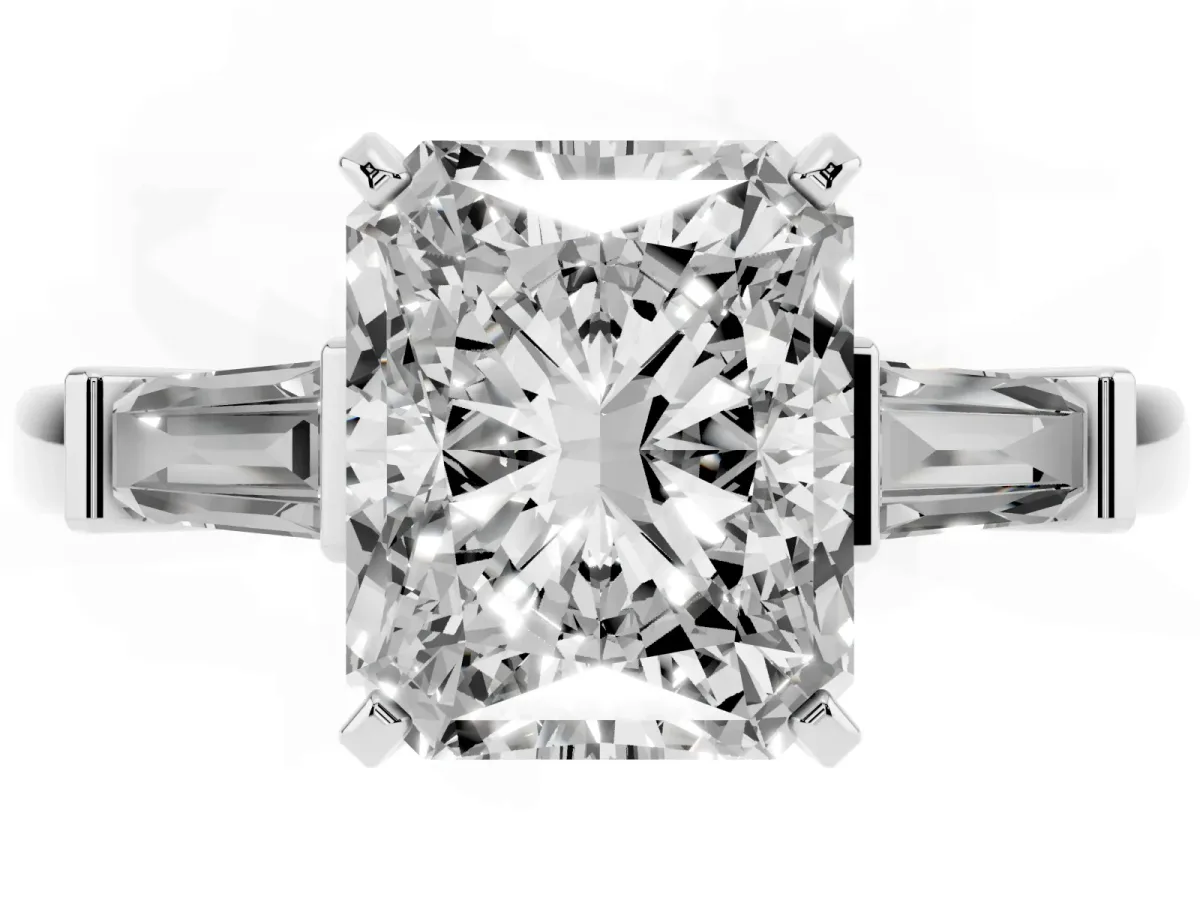 Radiant Cut Cut Diamond Solitaire Ring with Tapered Baguette Accents and Four-Prong Setting Silver