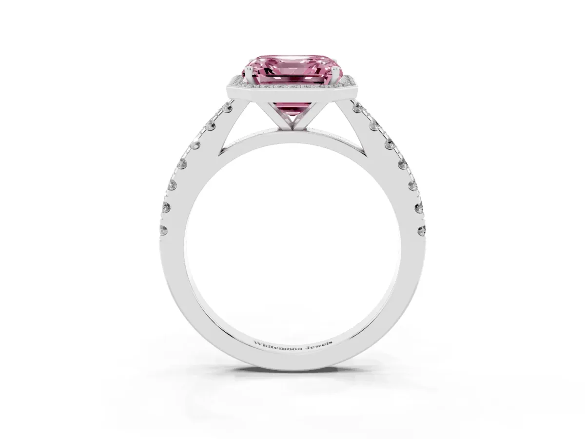 Fancy Pink Asscher Cut Cut Halo Diamond Engagement Ring with Pave Band and Four-Prong Setting White gold
