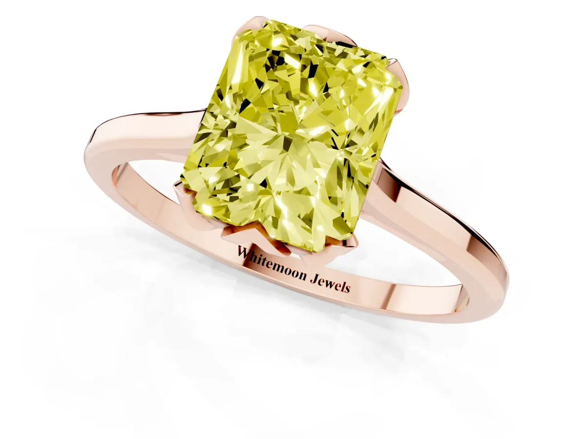 Fancy Yellow Radiant Cut Diamond Solitaire Ring with Flower Prong Setting and Classic Band Rose gold