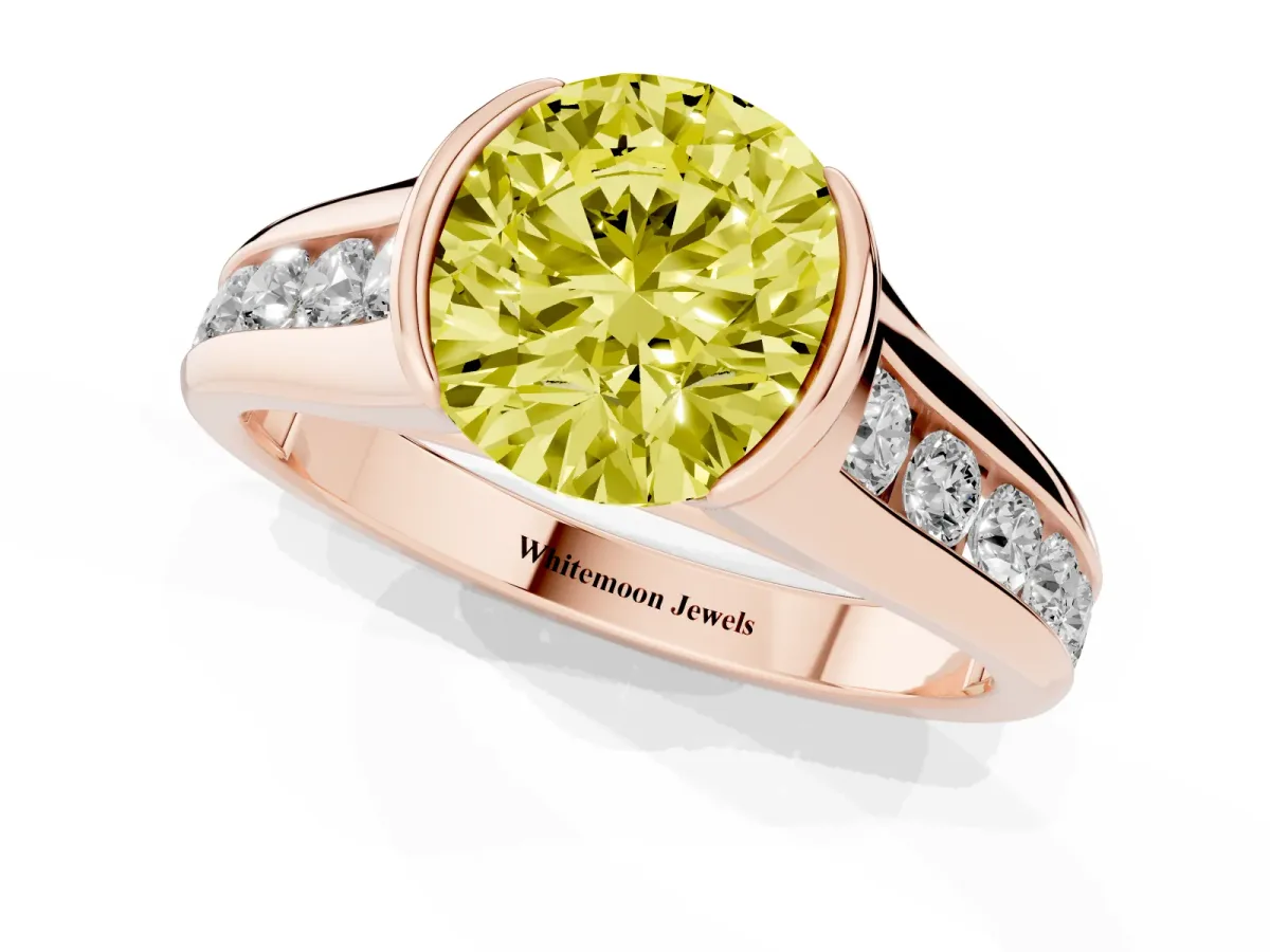 Fancy Yellow Round Cut Solitaire Bezel-Set Diamond Ring with Channel-Set Band Rose gold