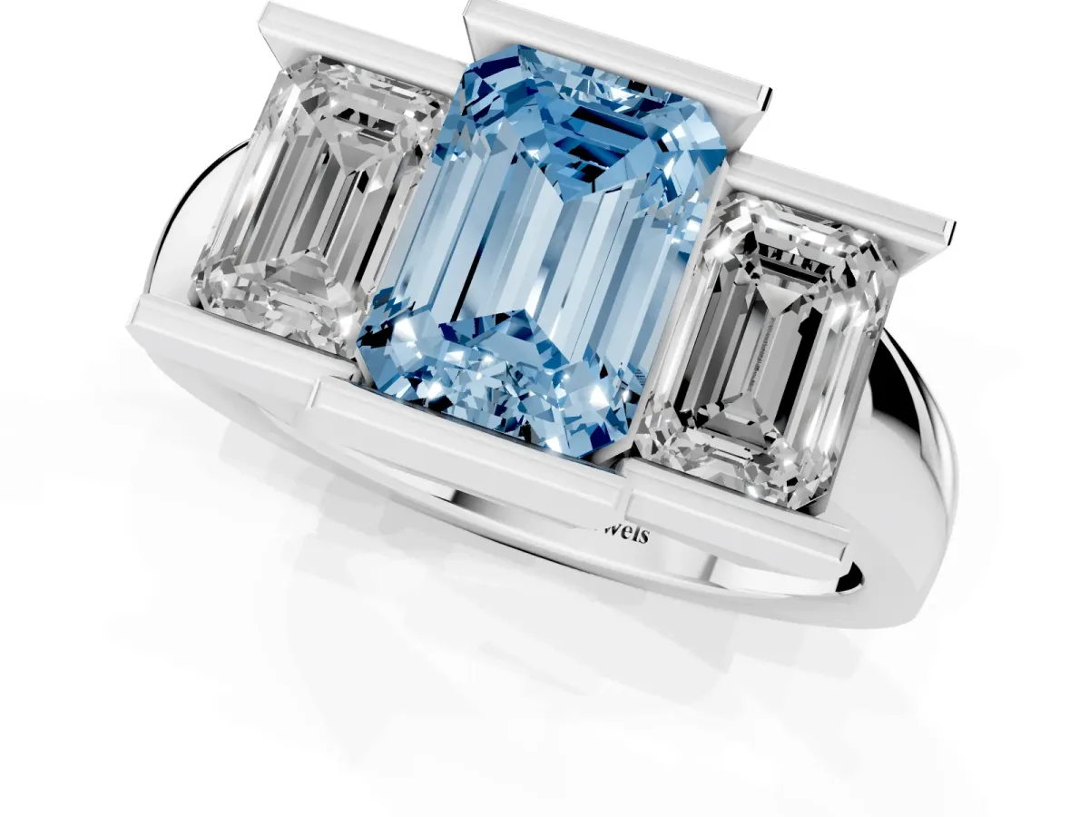 Fancy Blue Three Stone Emerald Cut Cut Channel Set Diamond Ring Silver
