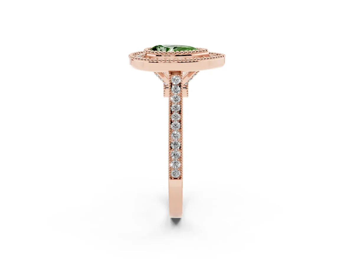 Fancy Green Pear Cut Diamond Halo Ring with Milgrain Frame and Pavé Band Rose gold
