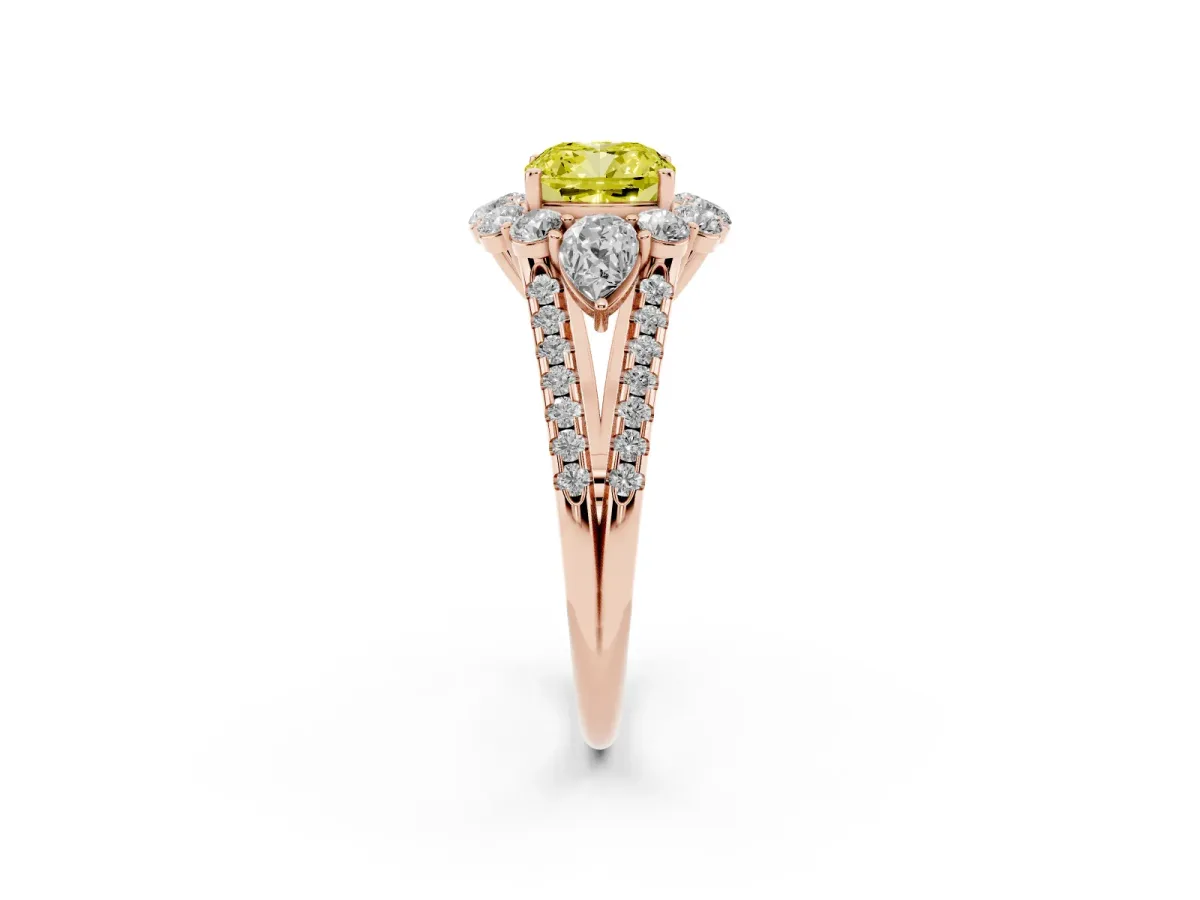 Fancy Yellow Cushion Cut Halo Split Shank Diamond Engagement Ring with Prong Setting Rose gold