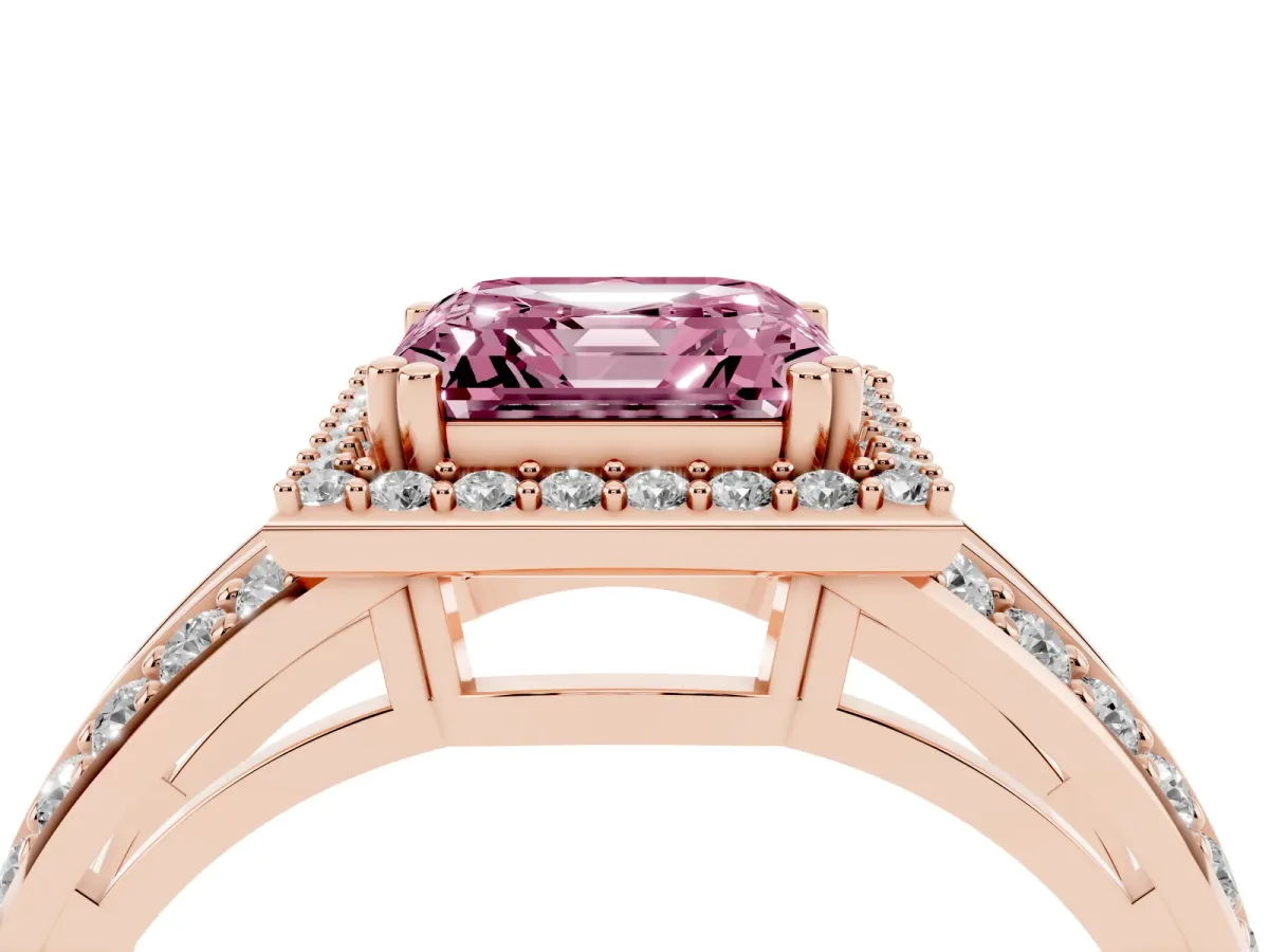 Fancy Pink Asscher Cut Diamond Halo Ring with Split Shank Pavé Band and Four-Prong Setting Rose gold
