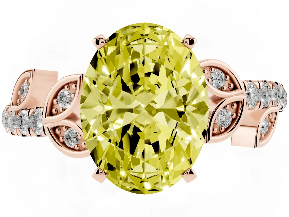 Fancy Yellow Oval Cut Solitaire Leaf-Inspired Diamond Ring with Pavé Band and Four-Prong Setting Rose gold