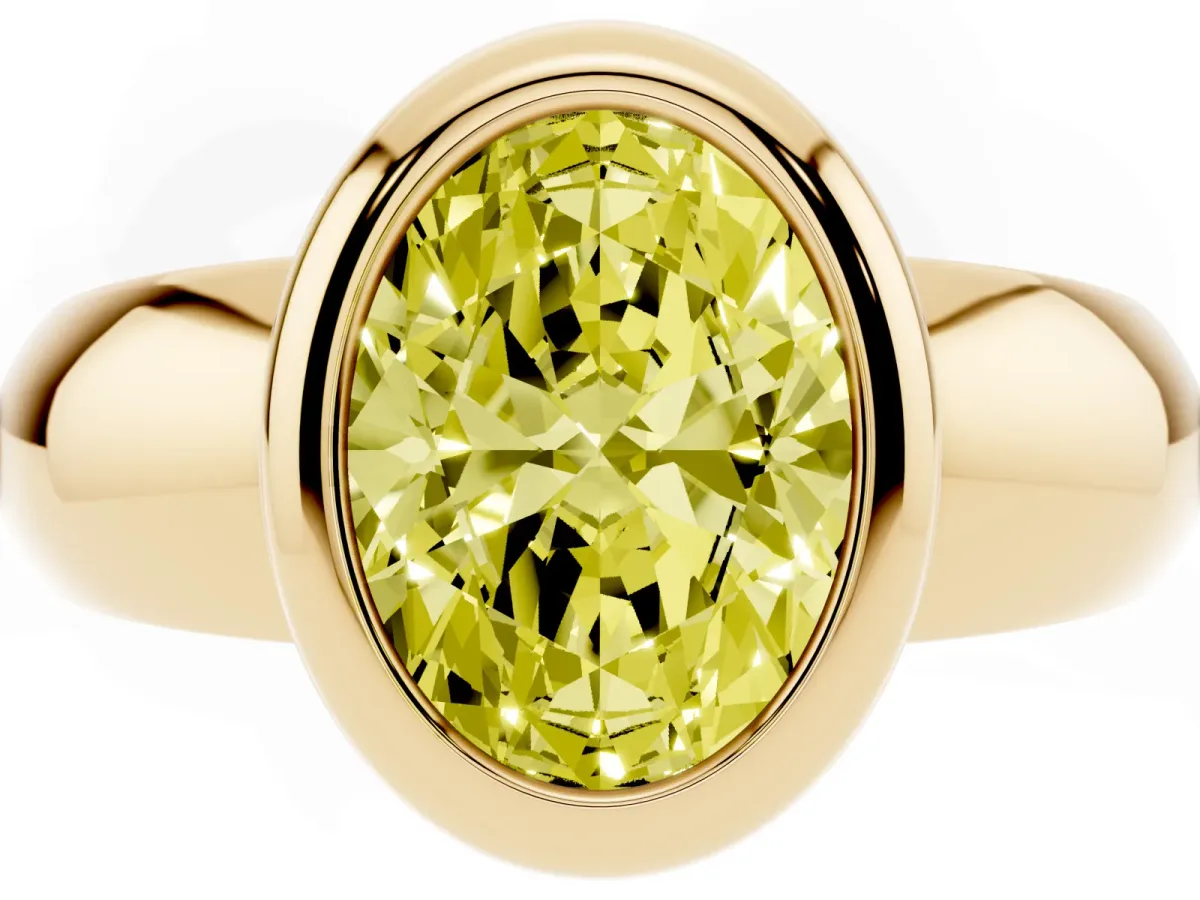 Fancy Yellow Bezel Set Oval Cut Solitaire Ring with Wide Band Yellow gold