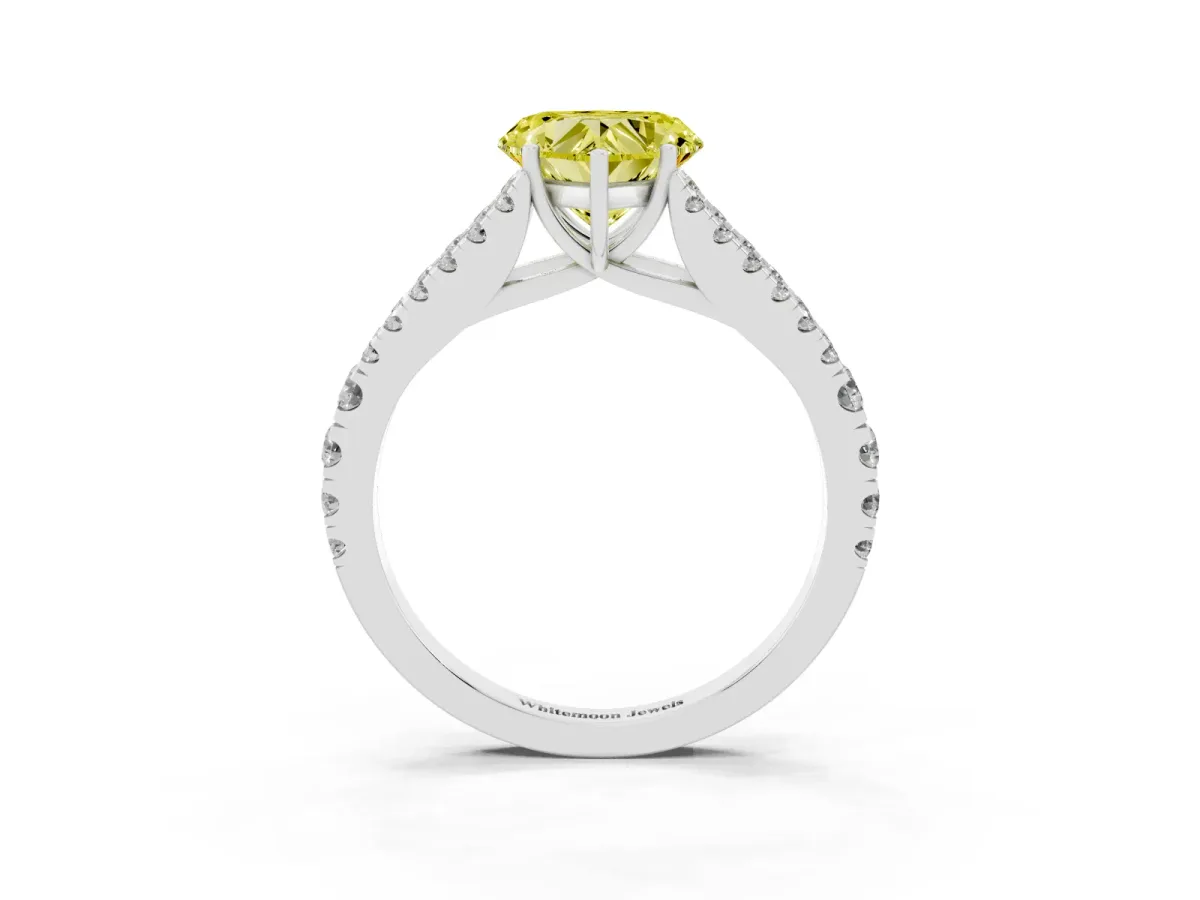 Fancy Yellow Heart Cut Diamond Split Shank Pavé Engagement Ring with Four-Prong Setting Platinum