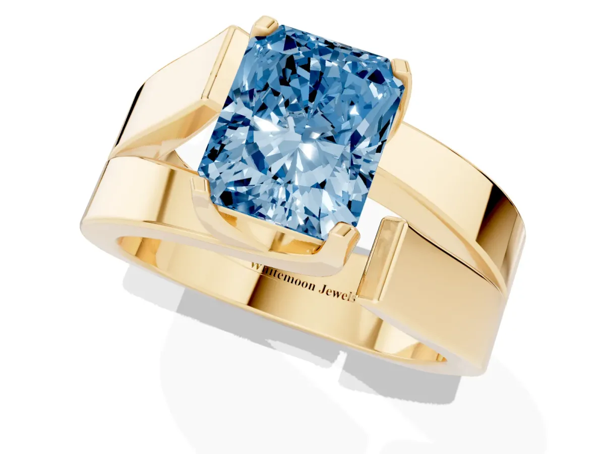 Fancy Blue Modern Tension Set Radiant Cut Diamond Solitaire Wide Band Ring Yellow gold