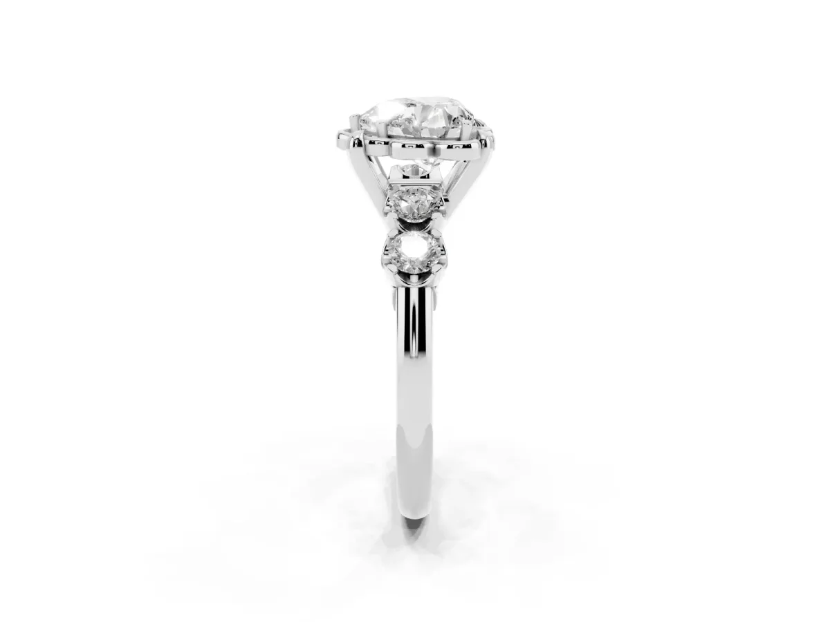 Heart Cut Cut Diamond Floral Halo Engagement Ring with Shared Prong Setting Silver