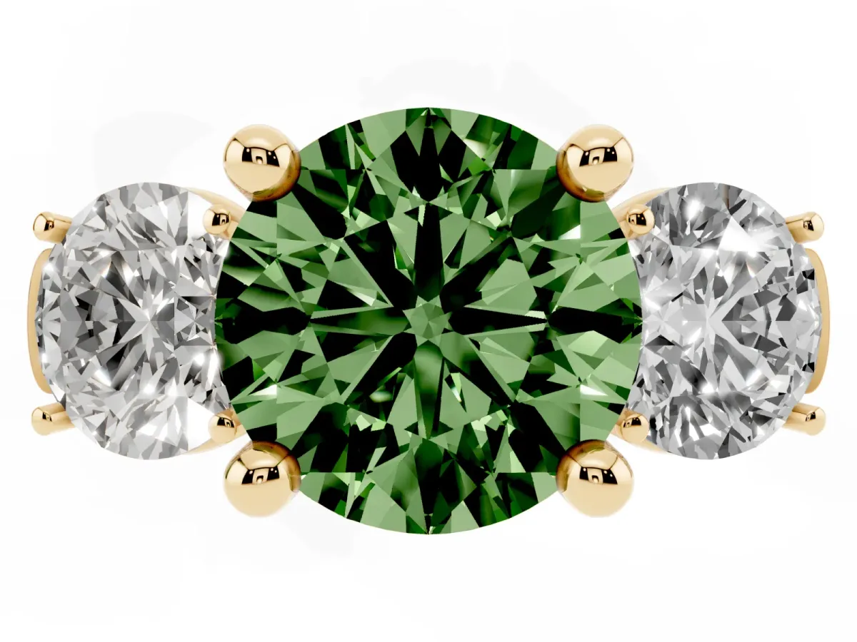 Fancy Green Three-Stone Round Cut Brilliant Diamond Trellis Ring with Comfort Fit Band Yellow gold