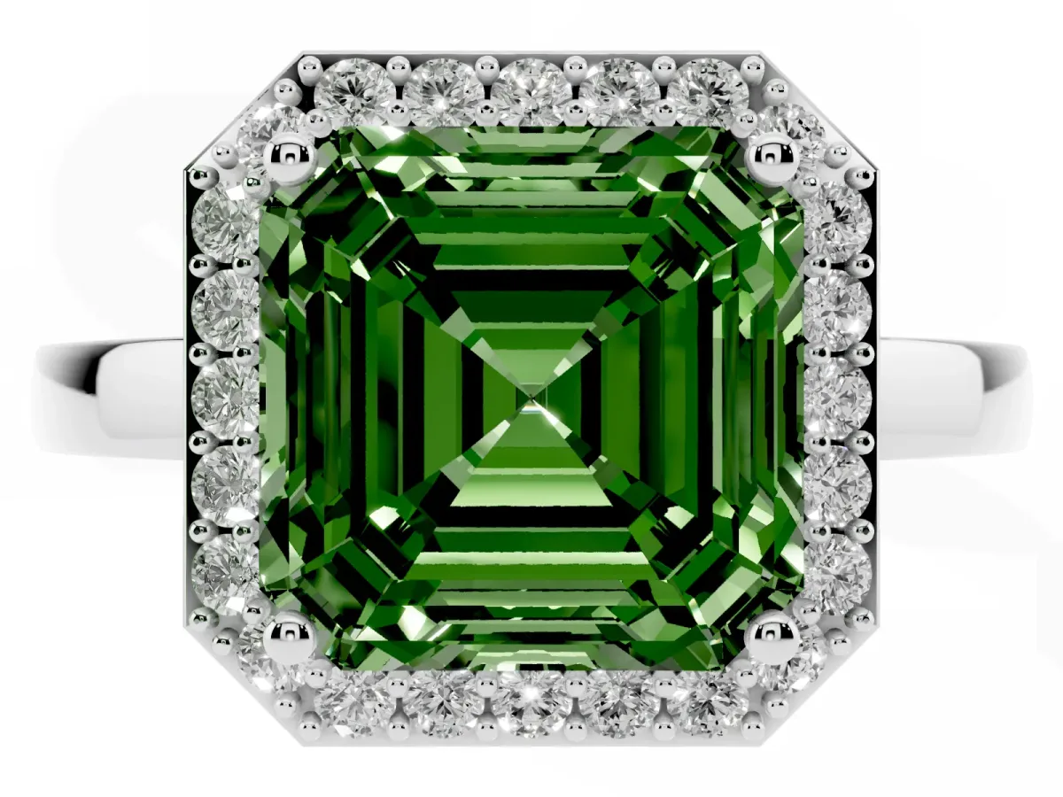 Fancy Green Asscher Cut Halo Diamond Ring with Solitaire Band and Prong Setting Platinum