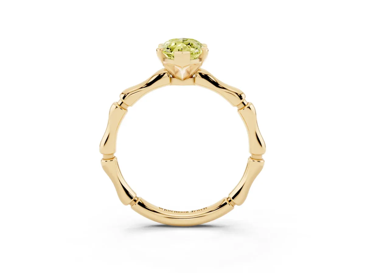 Fancy Yellow Marquise Cut Solitaire Diamond Ring with Bamboo Band and Four-Prong Setting Yellow gold