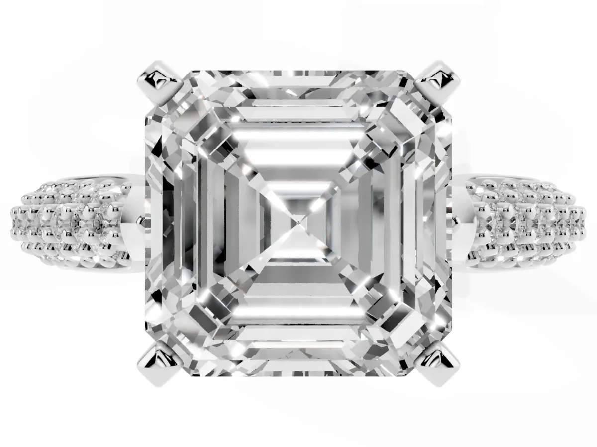 Asscher Cut Diamond Solitaire Engagement Ring with Multi-Row Round Pavé Band and Prong Setting Silver