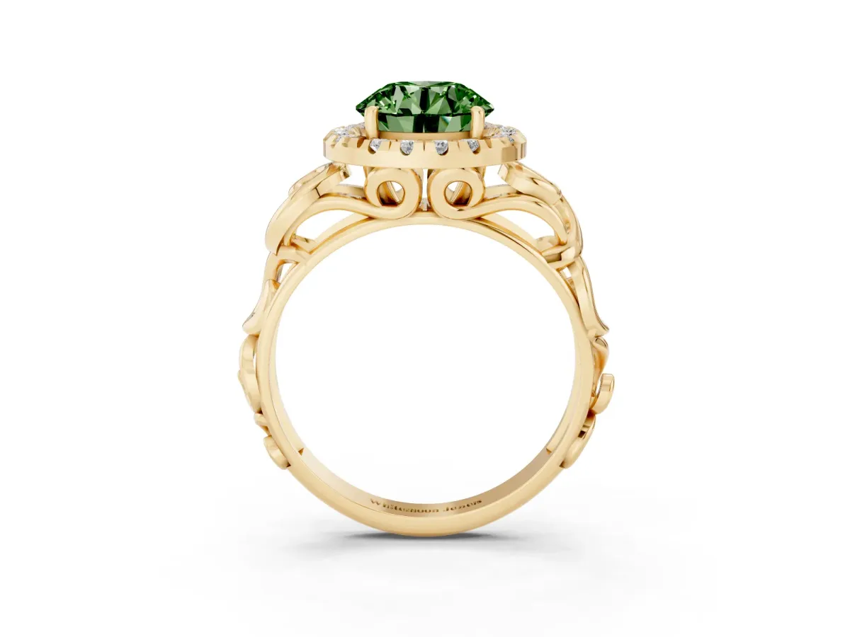 Fancy Green Round Cut Cut Halo Diamond Ring with Scrollwork Band and Four-Prong Setting Yellow gold