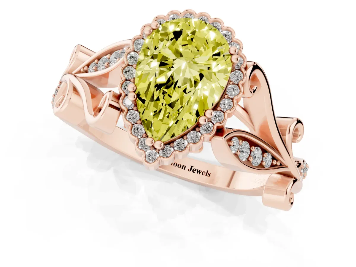 Fancy Yellow Pear Cut Diamond Halo Ring with Vintage Split Shank and Four-Prong Setting Rose gold