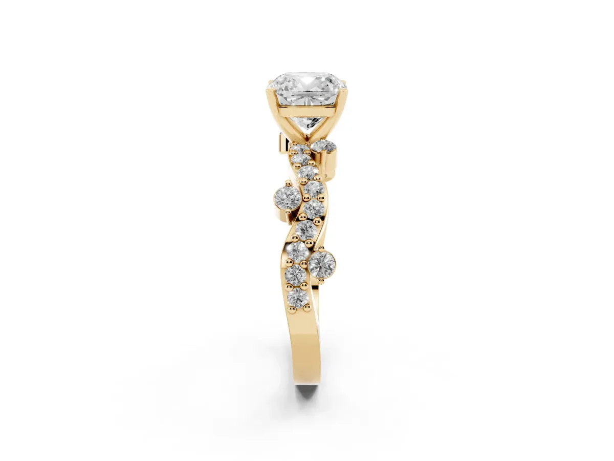 Cushion Cut Cut Solitaire Diamond Twisted Band with Pave Setting Yellow gold