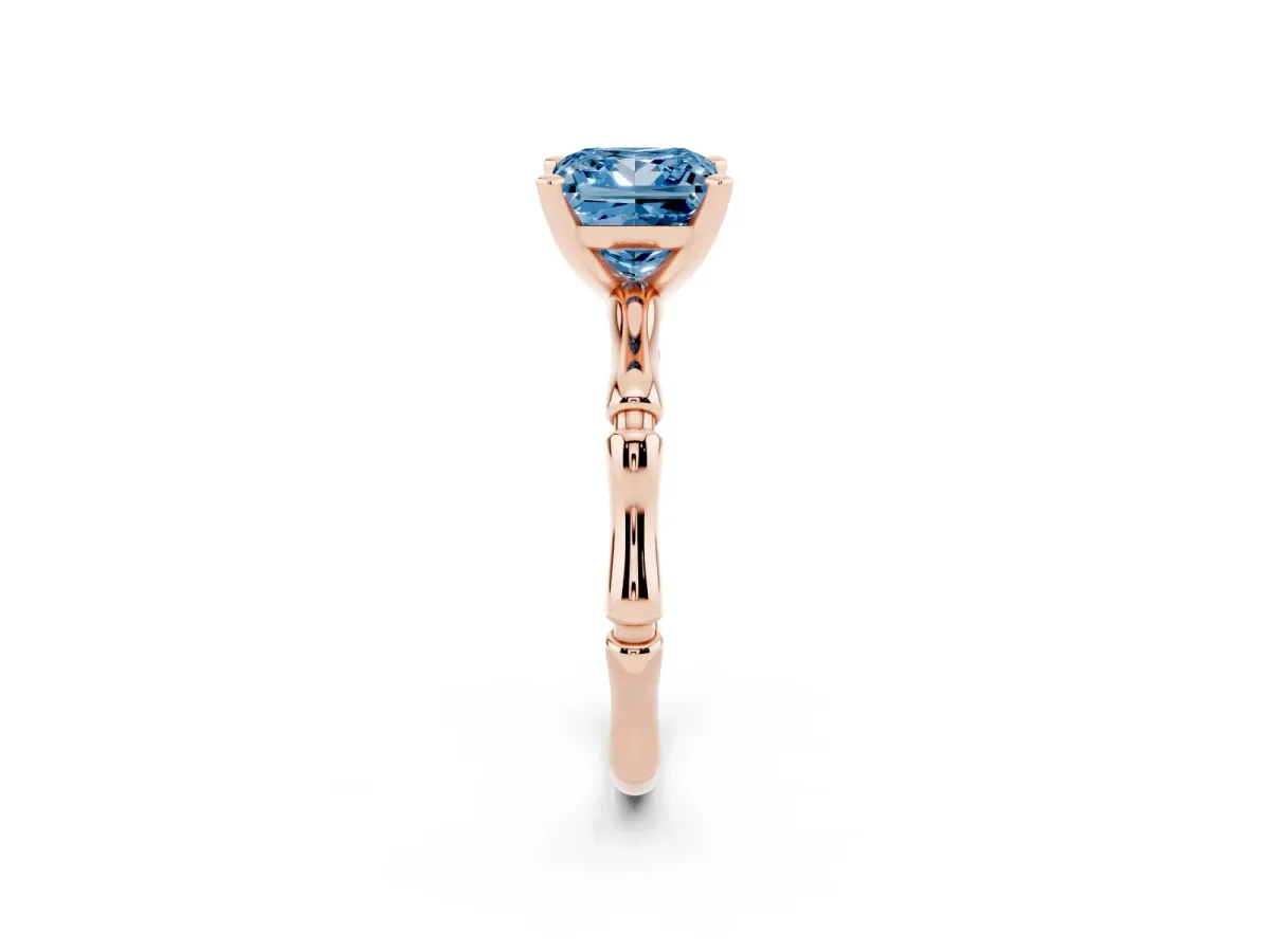 Fancy Blue Princess Cut Solitaire Diamond Ring with Bamboo Band and Four-Prong Setting Rose gold