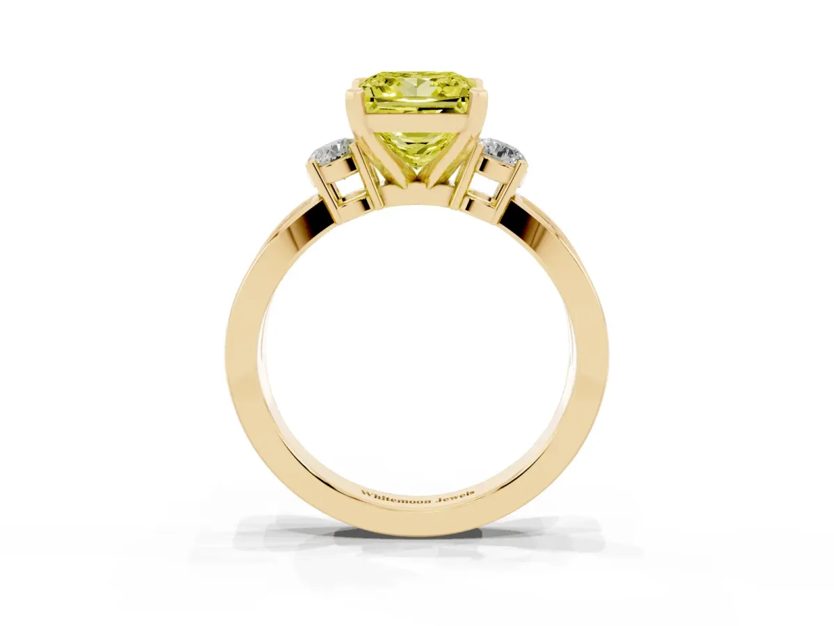 Fancy Yellow Three-Stone Princess Cut Cut Diamond Twist Band with Prong Setting Yellow gold