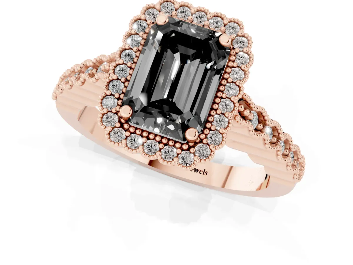 Fancy Black Emerald Cut Cut Halo Pavé Solitaire Ring with Milgrain Band Rose gold