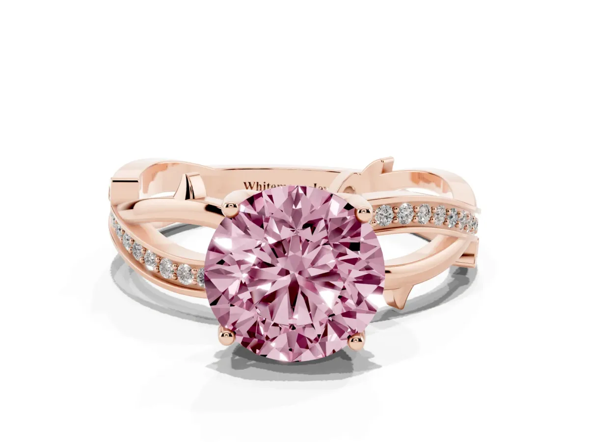 Fancy Pink Round Cut Solitaire Twist Band with Pavé Accents and Four-Prong Setting Rose gold
