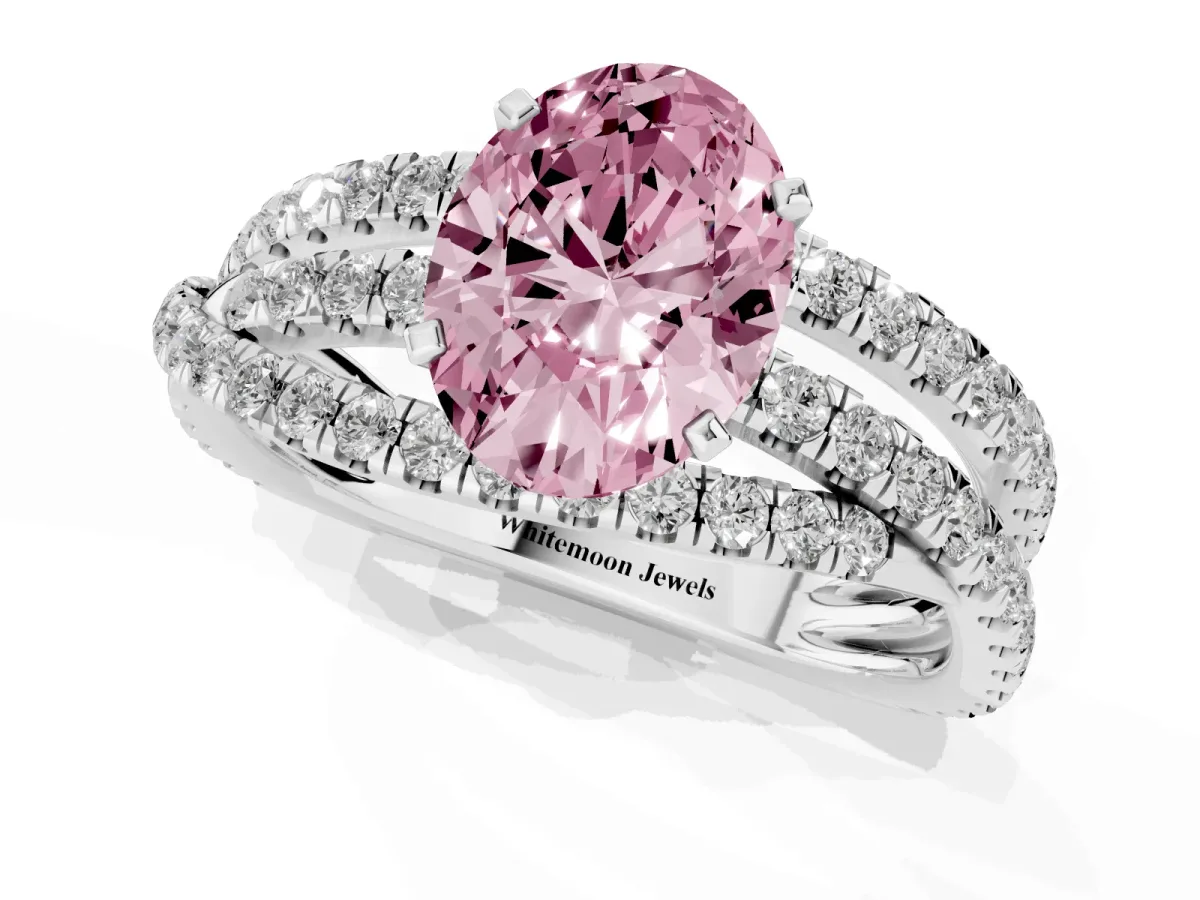 Fancy Pink Oval Cut Solitaire Twist Band with Pavé Setting and Four-Prong Setting Silver