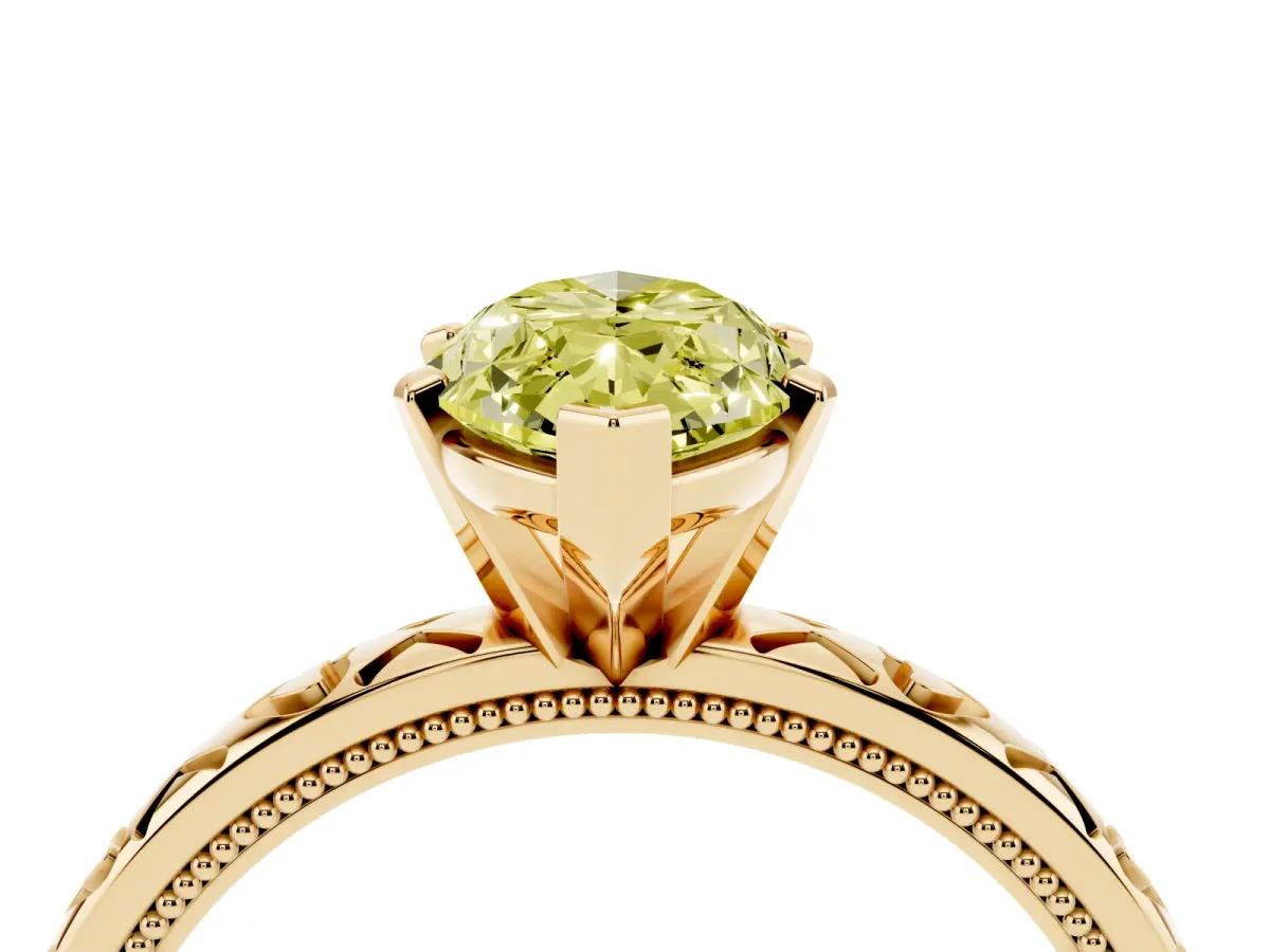 Fancy Yellow Marquise Cut Solitaire Diamond Engagement Ring with XO Engraved Band and Four-Prong Setting Yellow gold