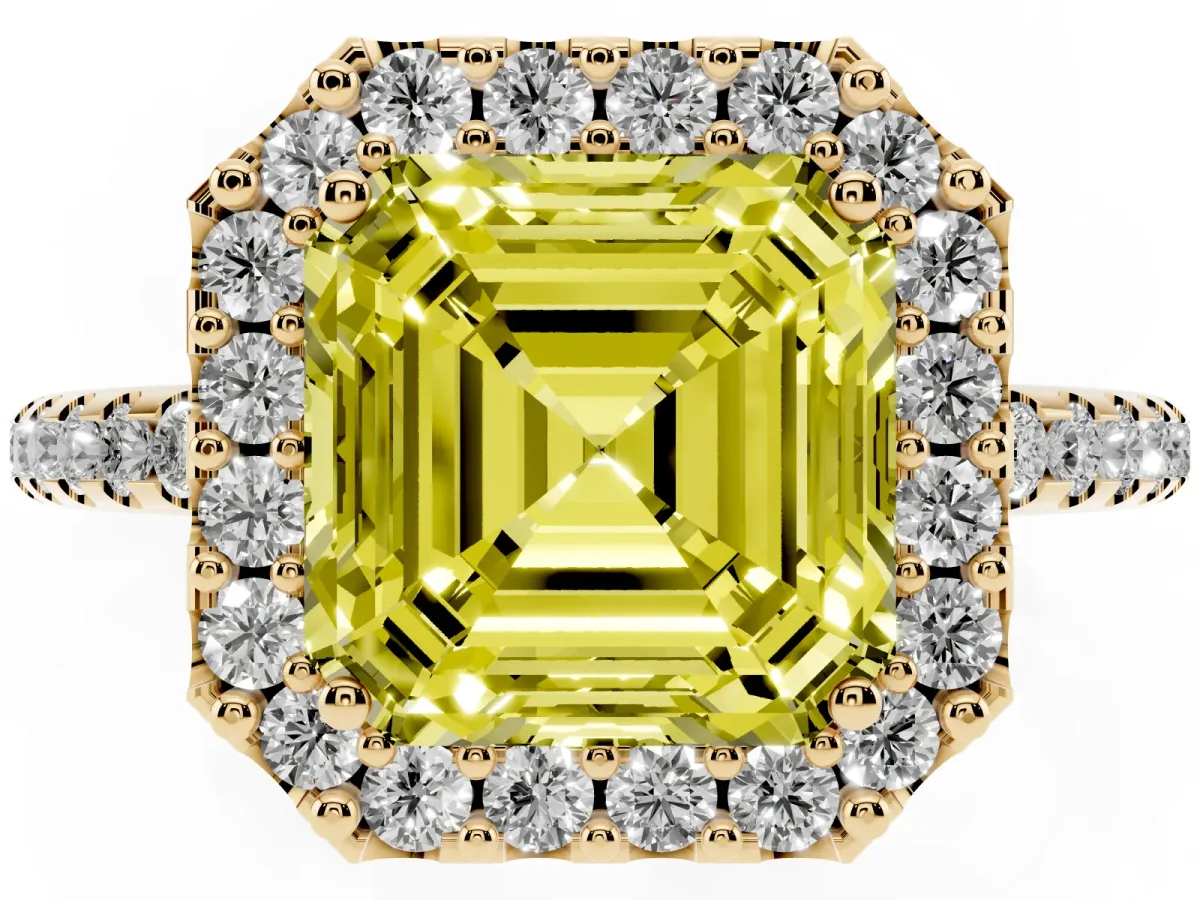 Fancy Yellow Asscher Cut Diamond Pavé Halo Ring with Four-Prong Setting Yellow gold