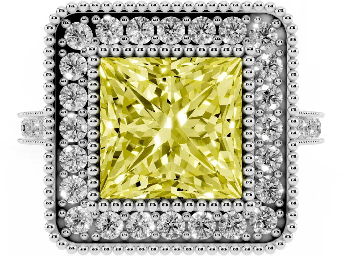 Fancy Yellow Princess Cut Diamond Halo Ring with Milgrain Frame and Pavé Band White gold