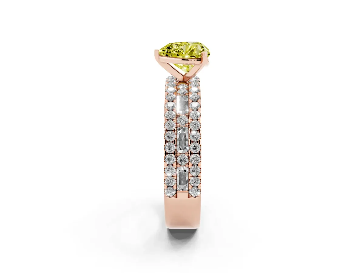 Fancy Yellow Heart Cut Diamond Solitaire Ring with Pavé and Channel Set Band Rose gold